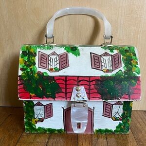 RARE Vintage Hand-Painted Wood Satchel Purse Handbag with House Design